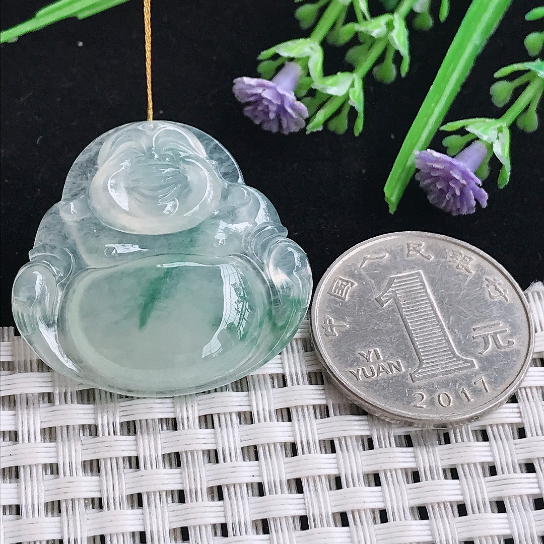实拍A货翡翠31/32.5/6老坑冰种冰飘花佛公吊坠翡翠玉挂件
