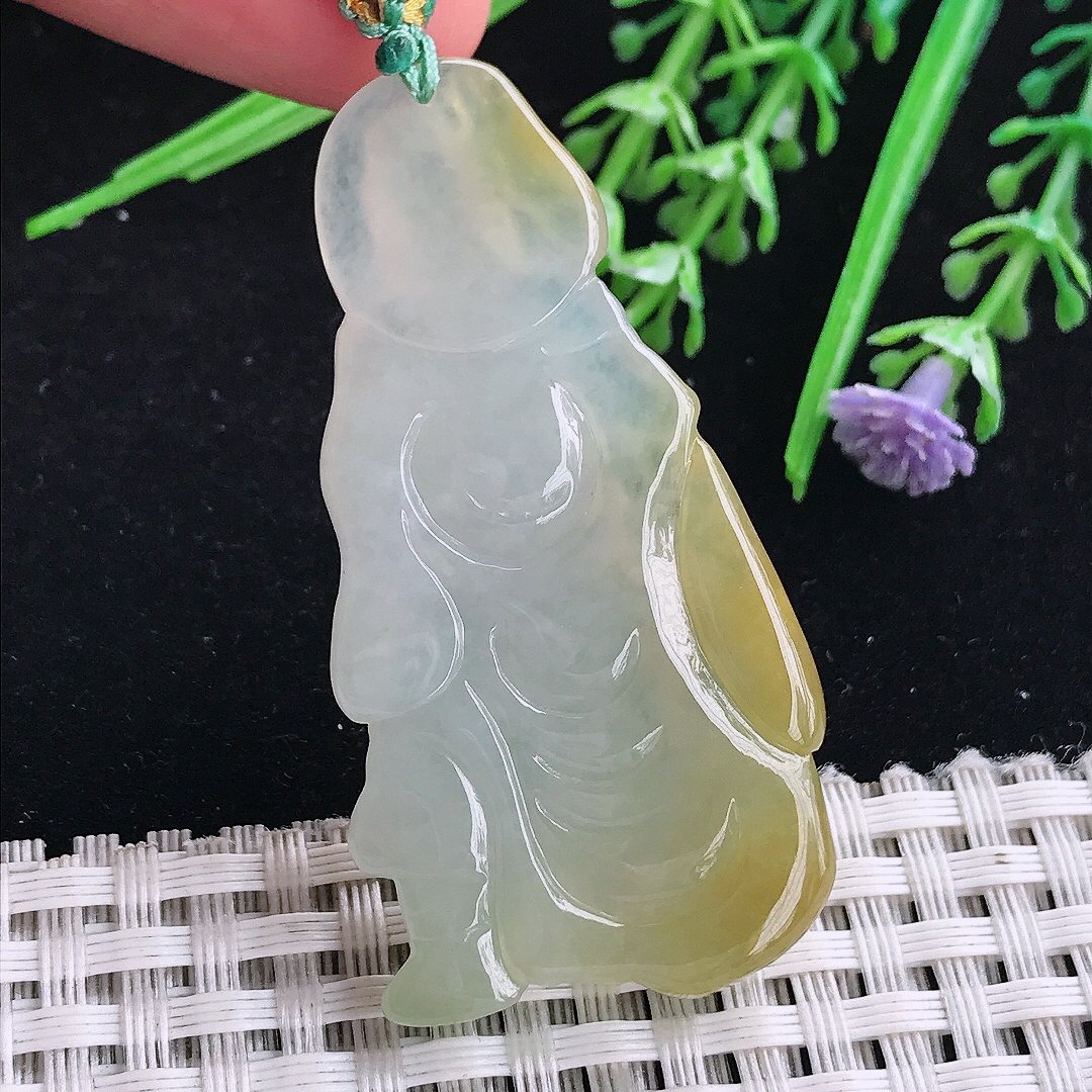 实拍A货翡翠53.8/27.2/9老坑冰胶冰黄翡关公吊坠翡翠玉挂件迦蓝菩萨