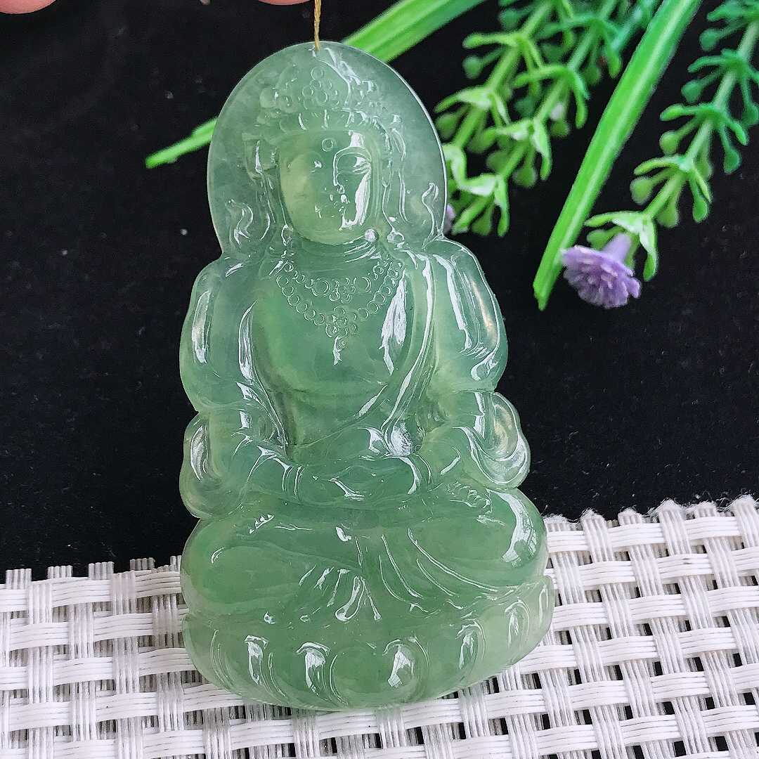 实拍A货翡翠66/36.5/5.5老坑冰胶冰晴满绿赐福观音吊坠翡翠玉观音