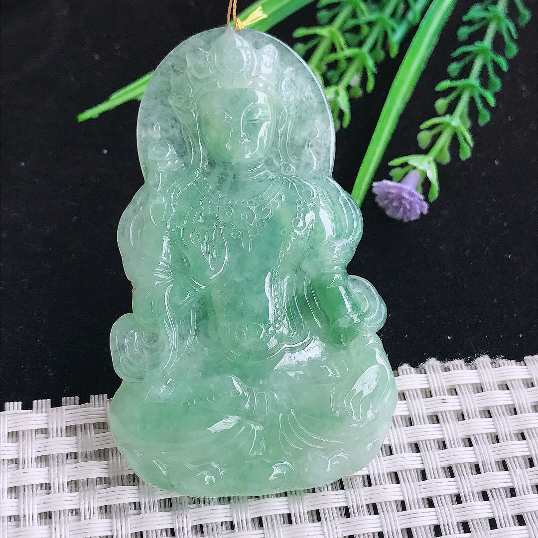 实拍A货翡翠68/41.2/5.5老坑冰润满绿度母菩萨吊坠翡翠玉挂件