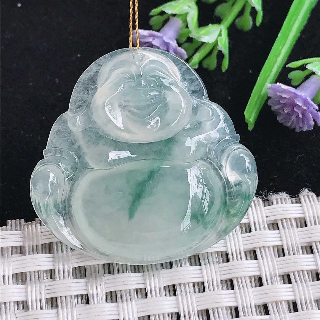 实拍A货翡翠31/32.5/6老坑冰种冰飘花佛公吊坠翡翠玉挂件