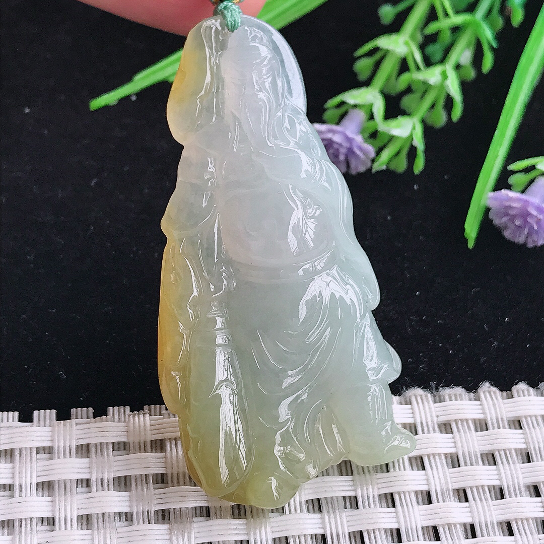 实拍A货翡翠53.8/27.2/9老坑冰胶冰黄翡关公吊坠翡翠玉挂件迦蓝菩萨