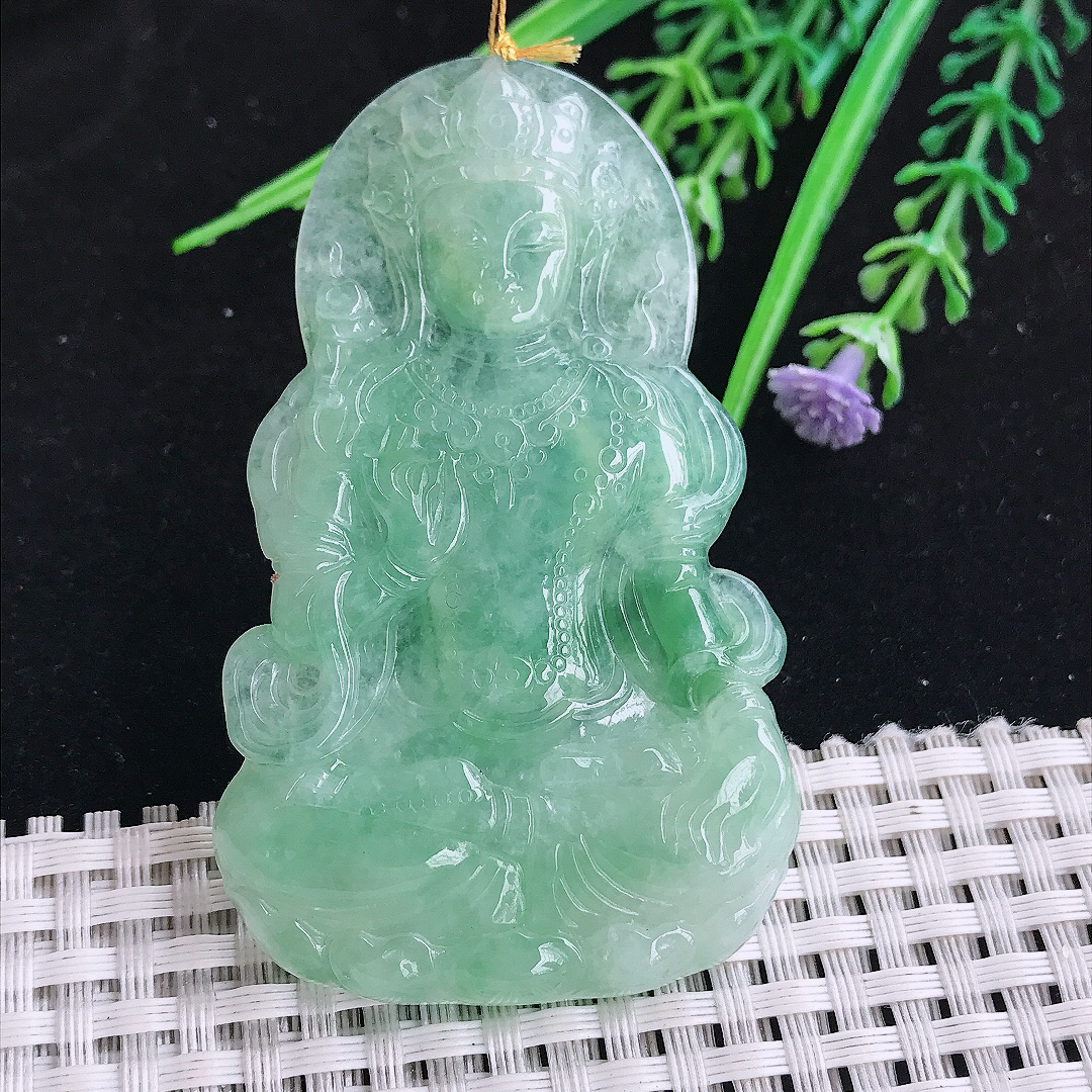 实拍A货翡翠68/41.2/5.5老坑冰润满绿度母菩萨吊坠翡翠玉挂件