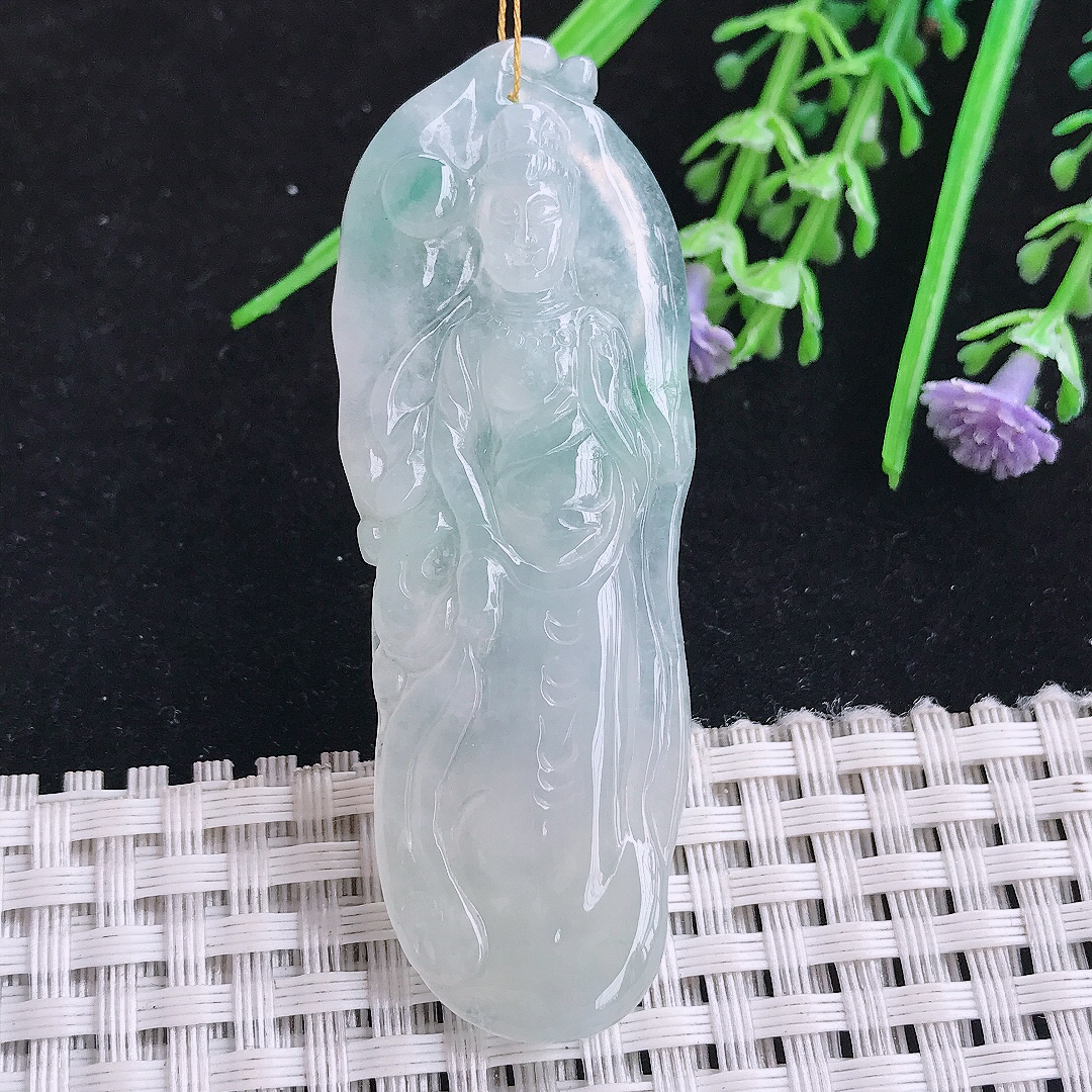 实拍A货翡翠60.5/22.2/6老坑冰透飘花自在观音吊坠翡翠玉挂件