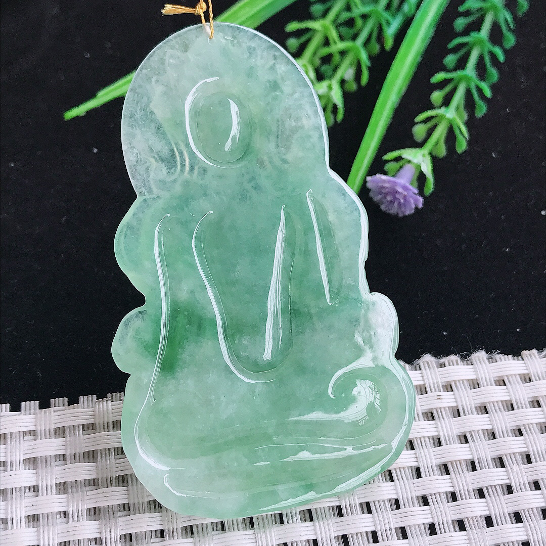 实拍A货翡翠68/41.2/5.5老坑冰润满绿度母菩萨吊坠翡翠玉挂件