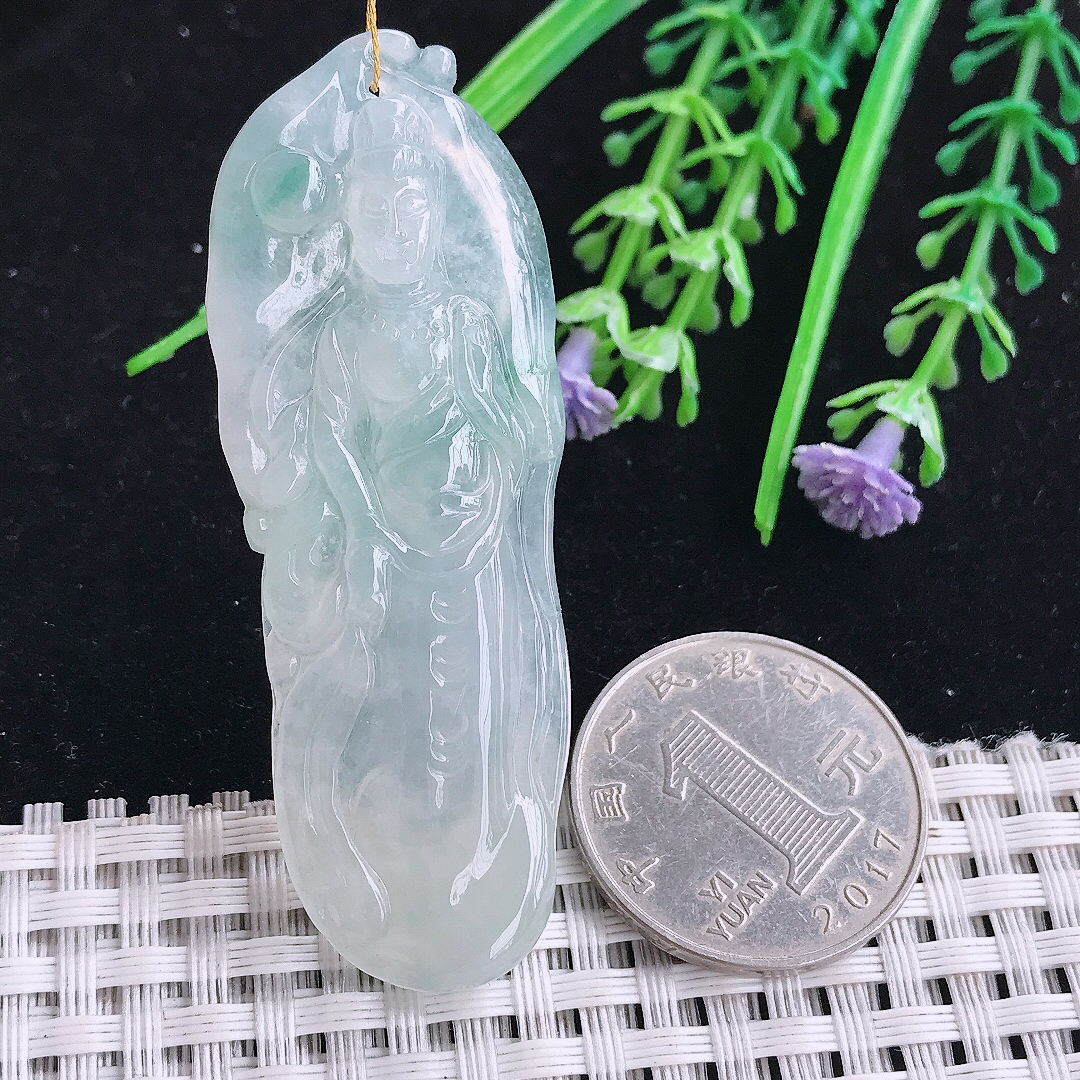 实拍A货翡翠60.5/22.2/6老坑冰透飘花自在观音吊坠翡翠玉挂件