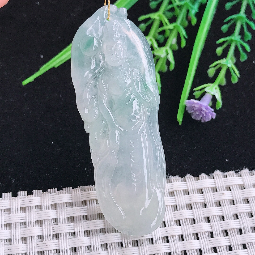 实拍A货翡翠60.5/22.2/6老坑冰透飘花自在观音吊坠翡翠玉挂件