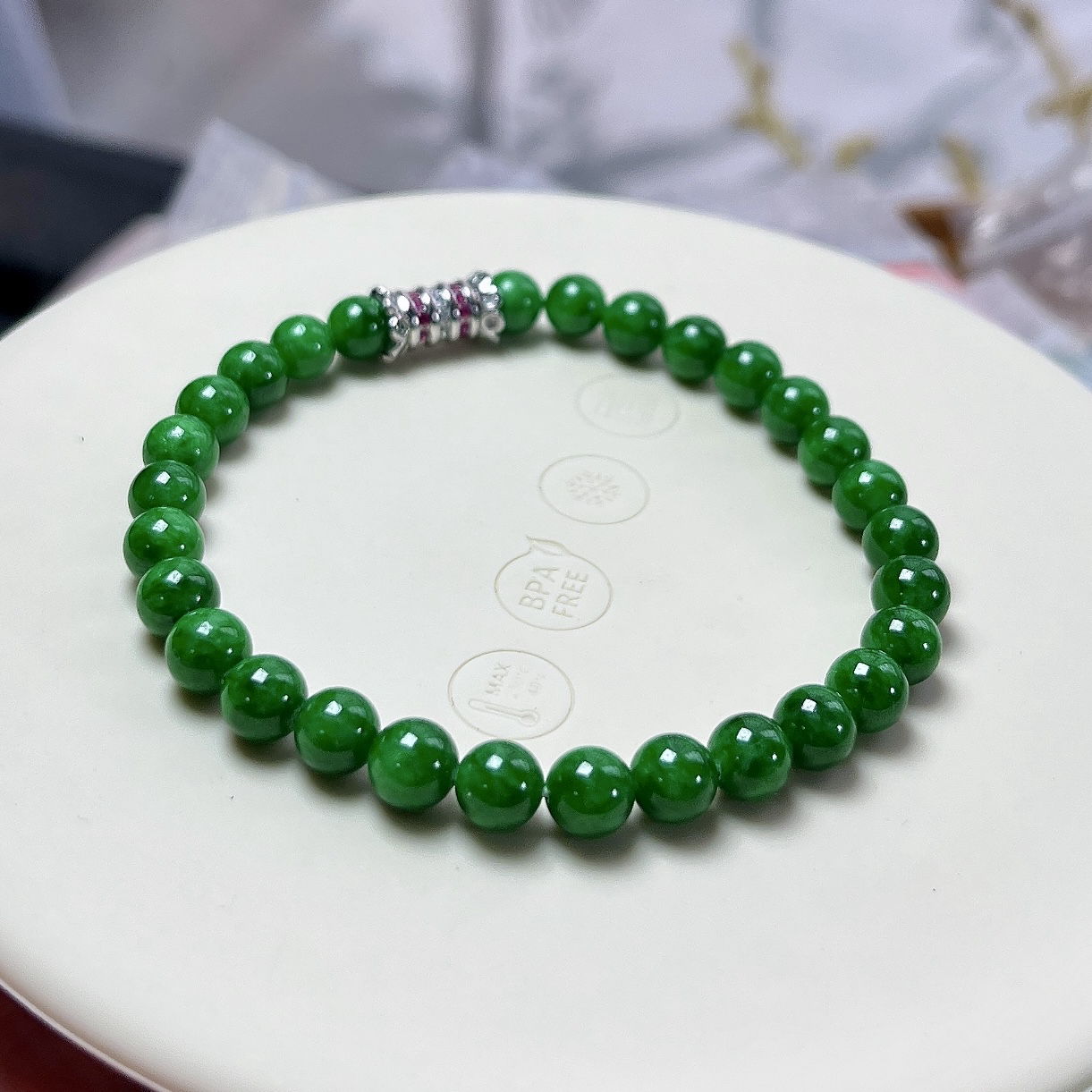 收藏级别，缅甸天然翡翠A货，卡5.9冰润满绿辣阳绿圆珠手串手链，尺寸：5.9mm/29颗，长度176mm，重量：11.41g