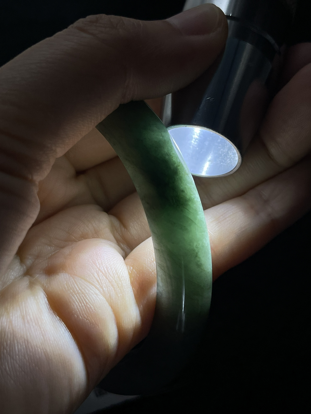 正圈57.6圈口，翡翠糯化种灰绿色半山水手镯