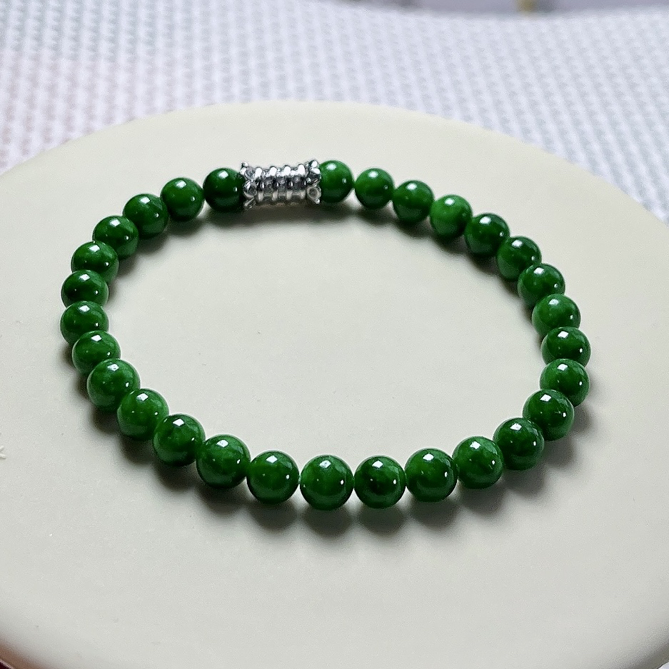 收藏级别，缅甸天然翡翠A货，卡5.9冰润满绿辣阳绿圆珠手串手链，尺寸：5.9mm/29颗，长度176mm，重量：11.27g