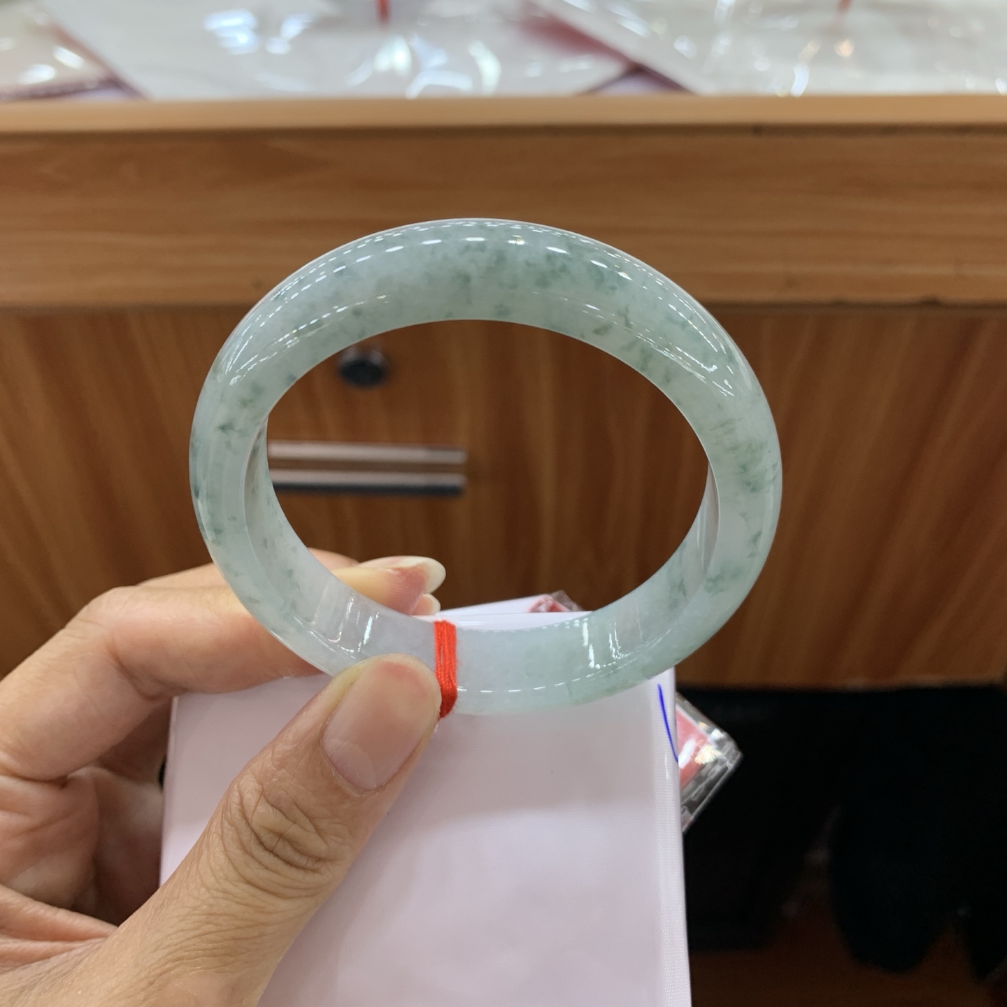 050705YY，冰飘花正圈翡翠手镯，55.3-13-8，编号050705YY