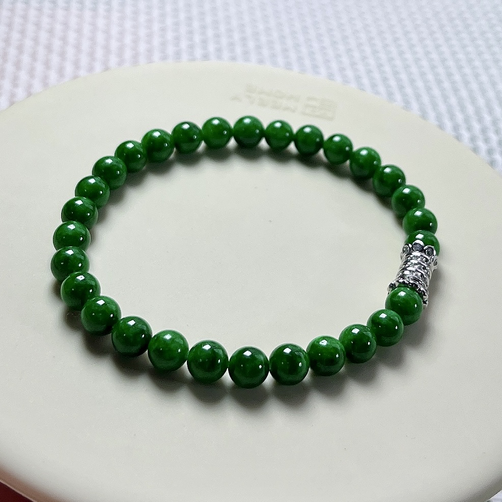 收藏级别，缅甸天然翡翠A货，卡5.9冰润满绿辣阳绿圆珠手串手链，尺寸：5.9mm/29颗，长度176mm，重量：11.27g