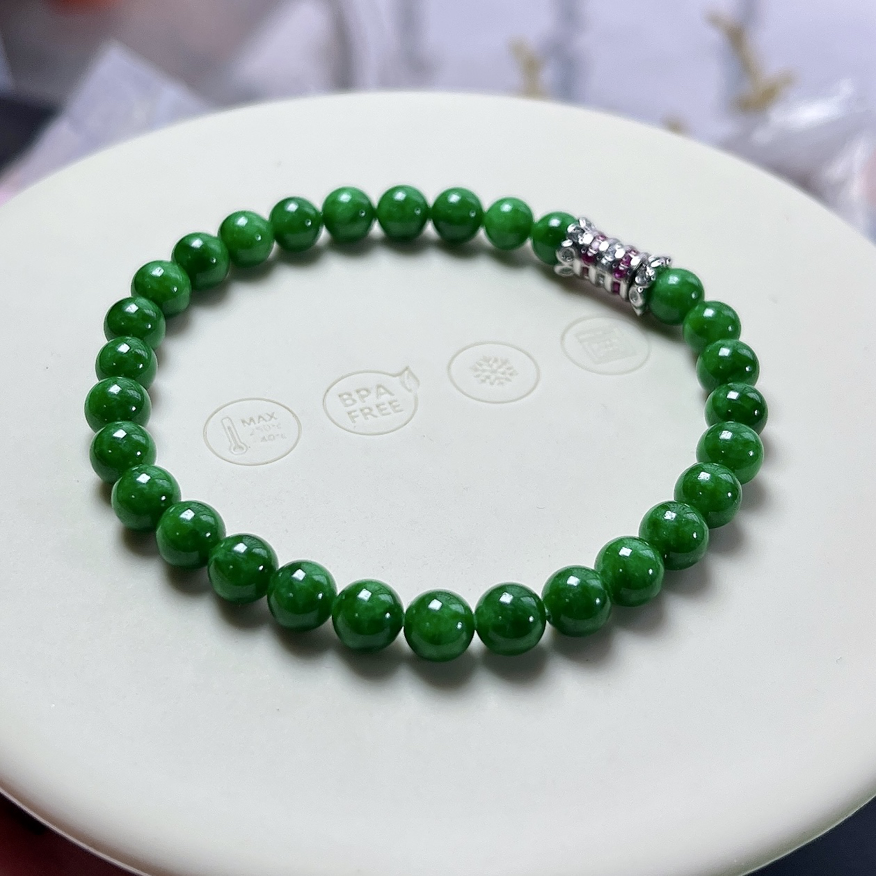 收藏级别，缅甸天然翡翠A货，卡5.9冰润满绿辣阳绿圆珠手串手链，尺寸：5.9mm/29颗，长度176mm，重量：11.41g