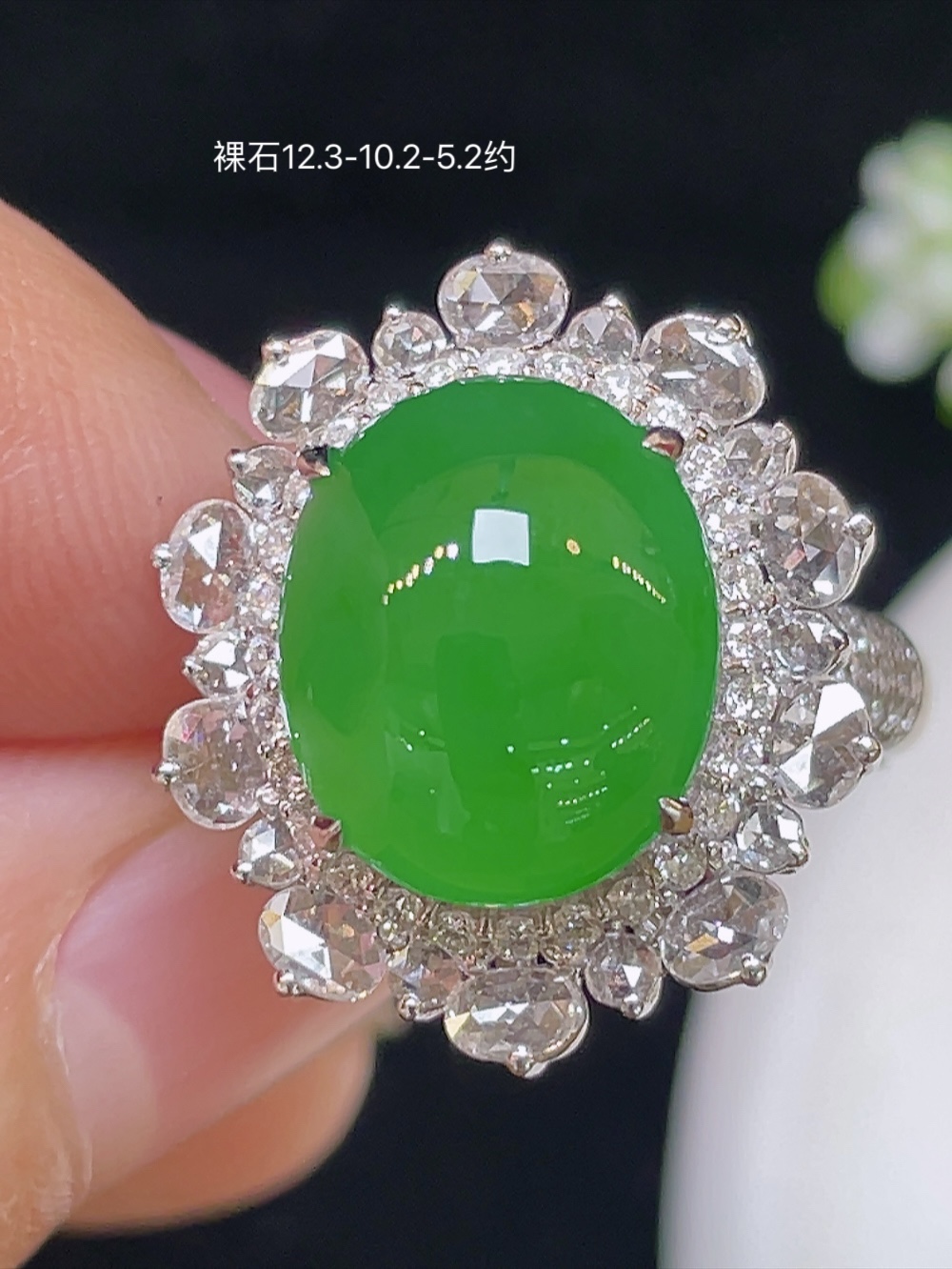 高冰正阳绿，戒指，大件饱满，通透水润，玉质细腻，翠色鲜艳，18k金奢华钻石镶嵌️，12.3-10.