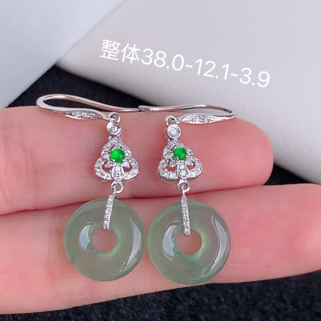 高冰甜甜圈耳坠 裸石冰润通透 花色灵动 环环相扣 上耳气质高雅 货号16506，38.0-12.1-