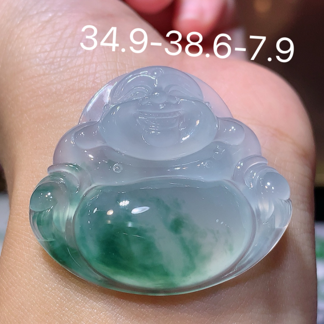 超值 29200 冰种飘花佛公挂件。冰润通透，种老油润起胶，佩戴优雅气质 货号77506，34.9