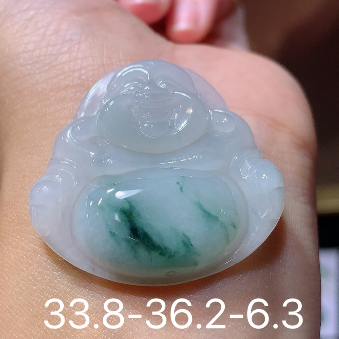 冰飘花佛公挂件，冰润通透，种老油润起胶，佩戴优雅气质 货号06506，33.8-36.2-6.3