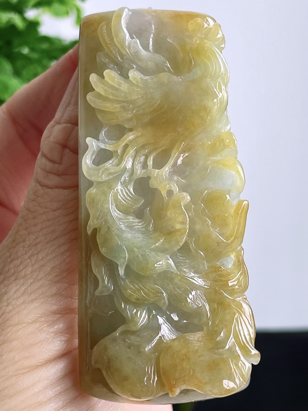 冰飘黄翡凤凰牌吊坠 说明 缅料 性比高 尺寸 72-29.6-11.7 重量 50克 1400不议