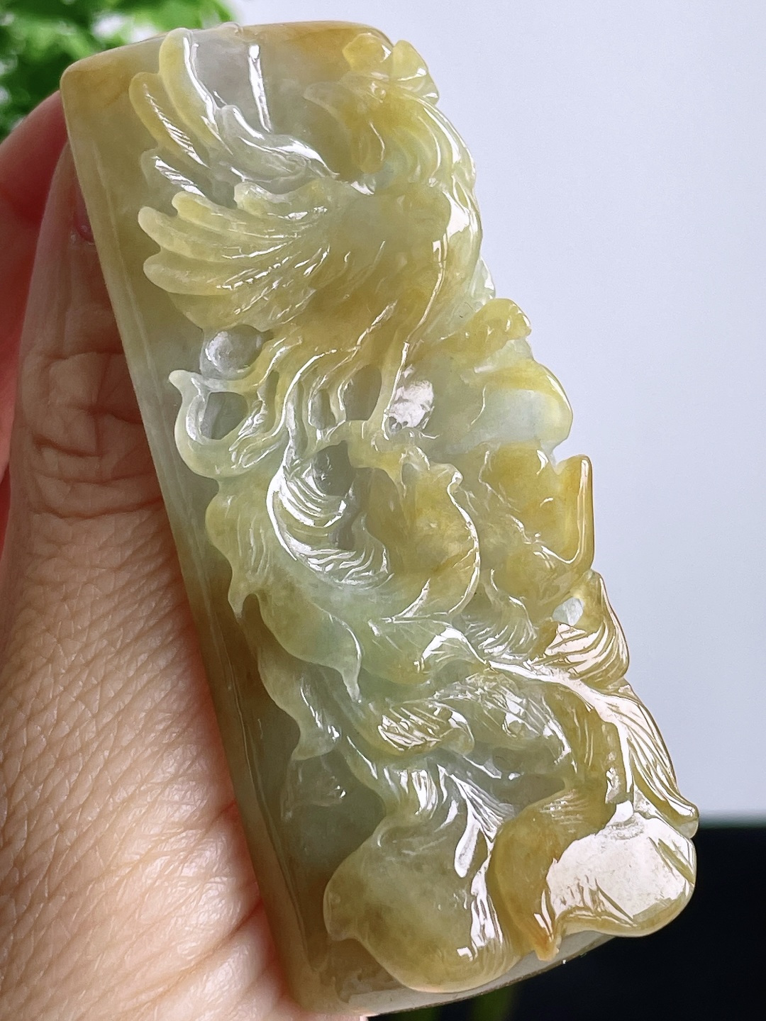 冰飘黄翡凤凰牌吊坠 说明 缅料 性比高 尺寸 72-29.6-11.7 重量 50克 1400不议