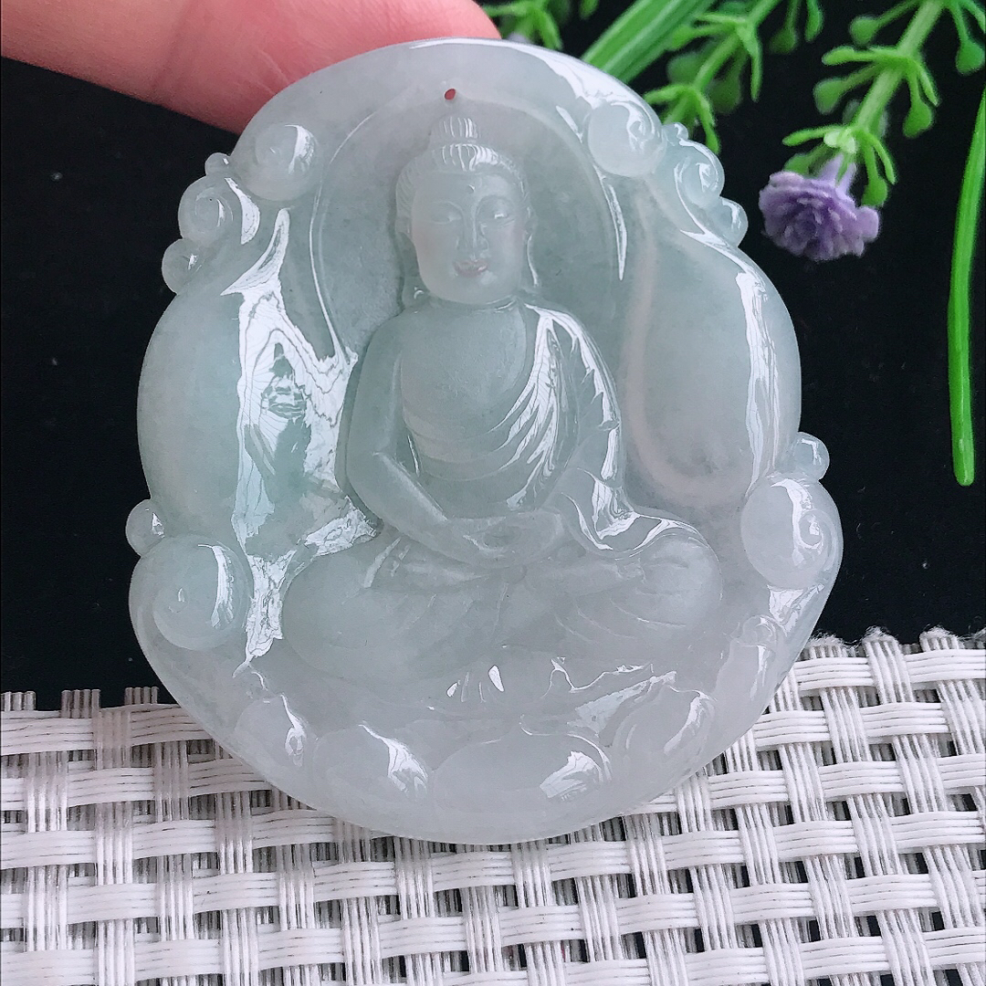 实拍A货翡翠56/51/6老坑冰润起胶大日如来佛祖吊坠翡翠玉挂件