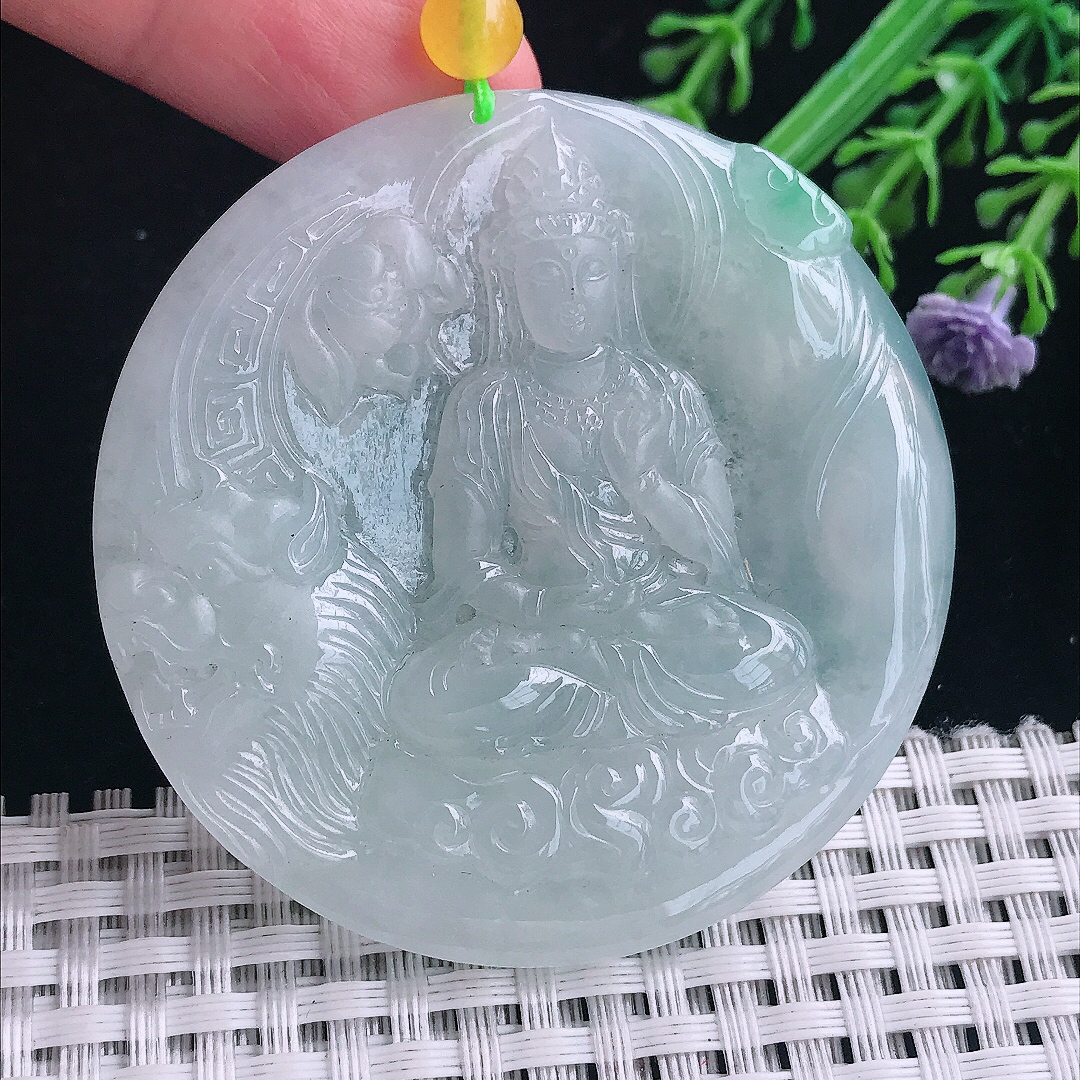 实拍A货翡翠55.5/5.8老坑冰润起胶文殊菩萨吊坠翡翠玉挂件