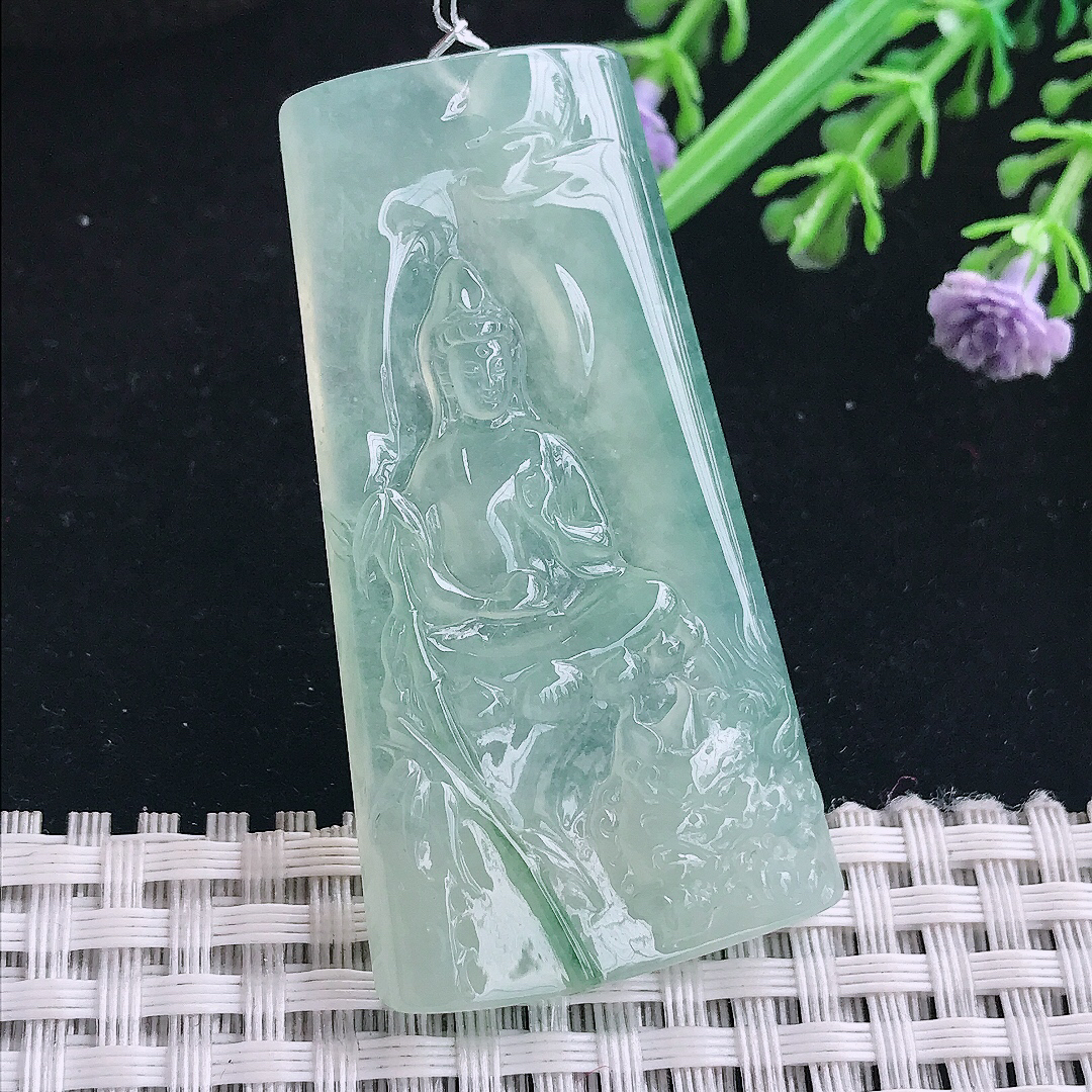 实拍A货翡翠54.3/28.9/5.8老坑冰种果冻胶冰晴绿文殊菩萨吊坠翡翠玉挂件