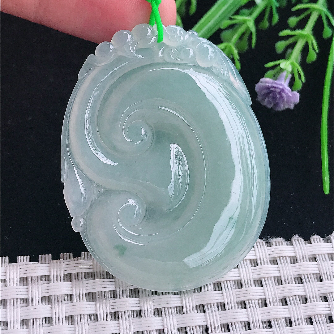 实拍A货翡翠51.8/40.5/5.1老坑冰润起胶冰晴大如意吊坠翡翠玉如意挂件