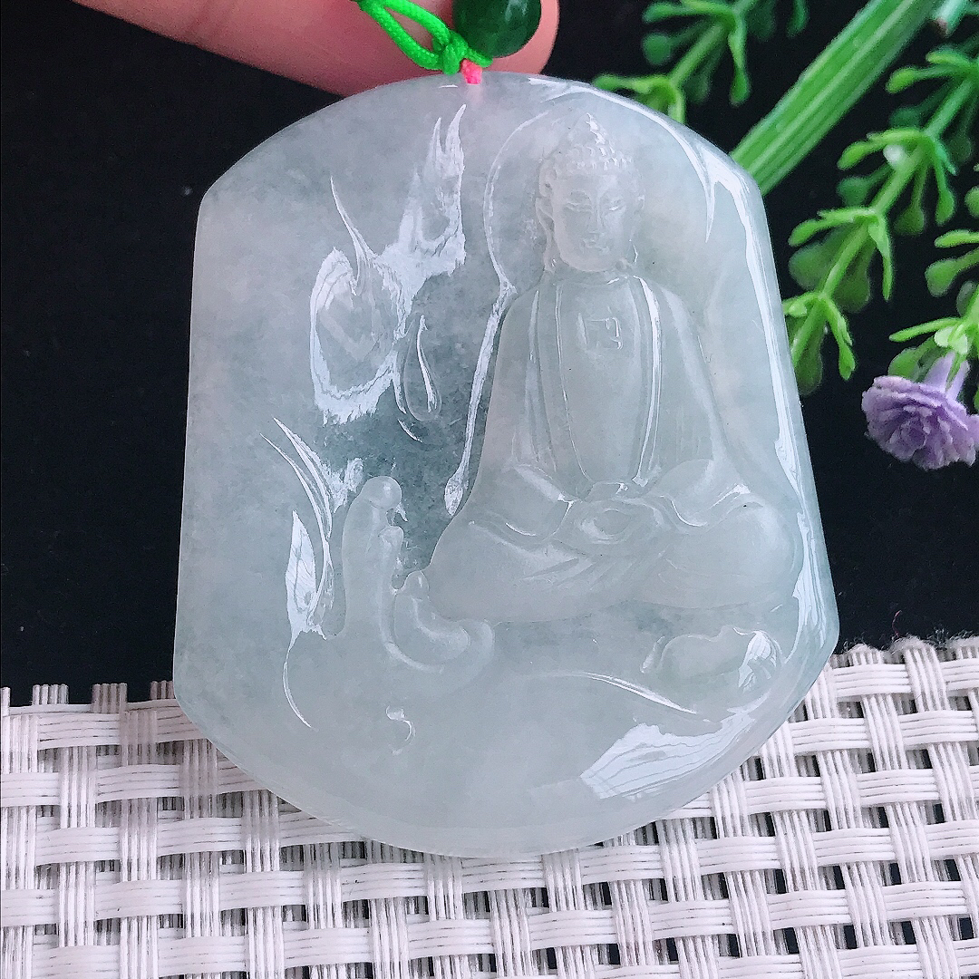 实拍A货翡翠54.8/46.5/5.8老坑冰胶水灵白月光大日如来佛祖吊坠翡翠玉挂件
