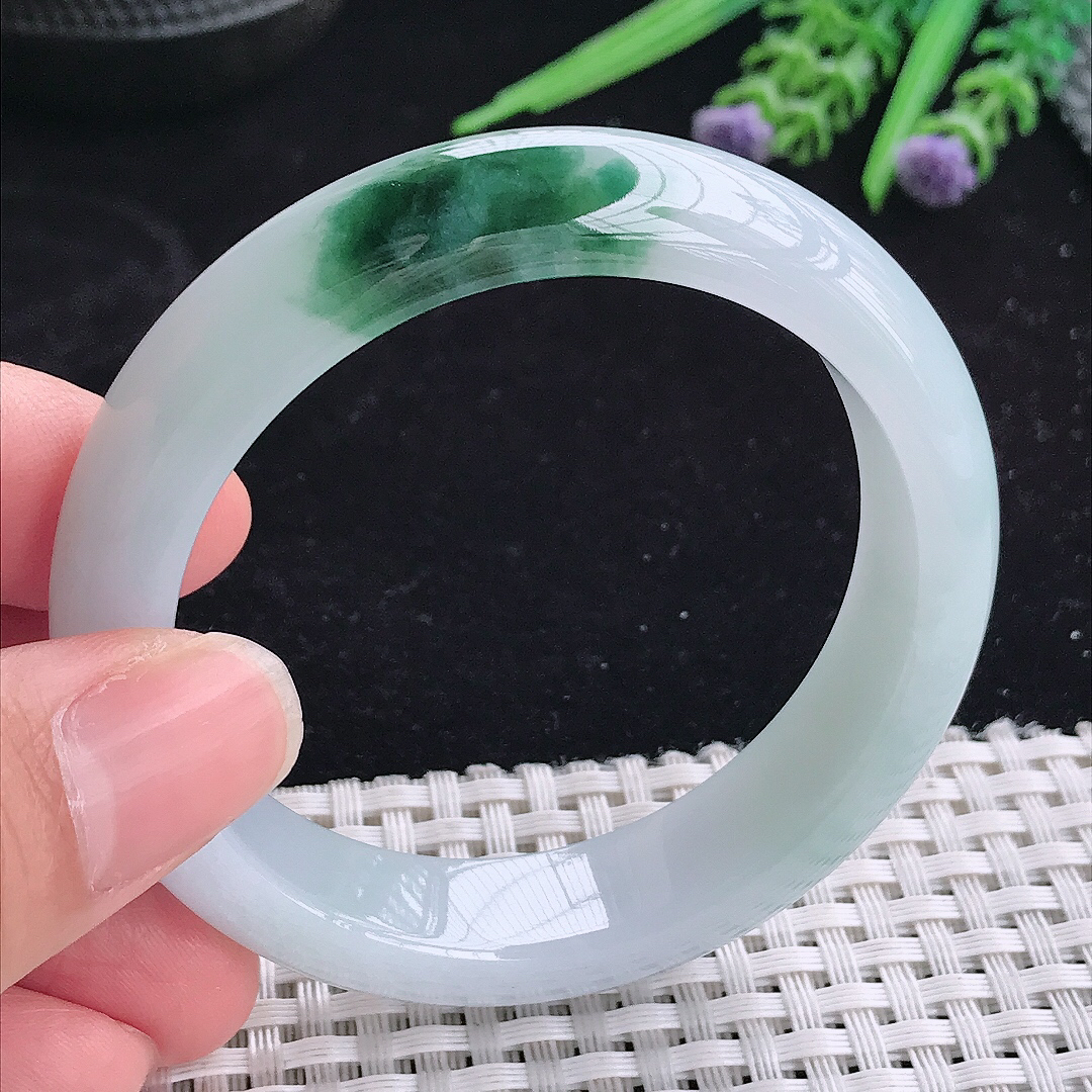 实拍a货翡翠52.5/13.2/8.3小圈口平安镯老坑冰胶飘花手镯冰晴玉手镯