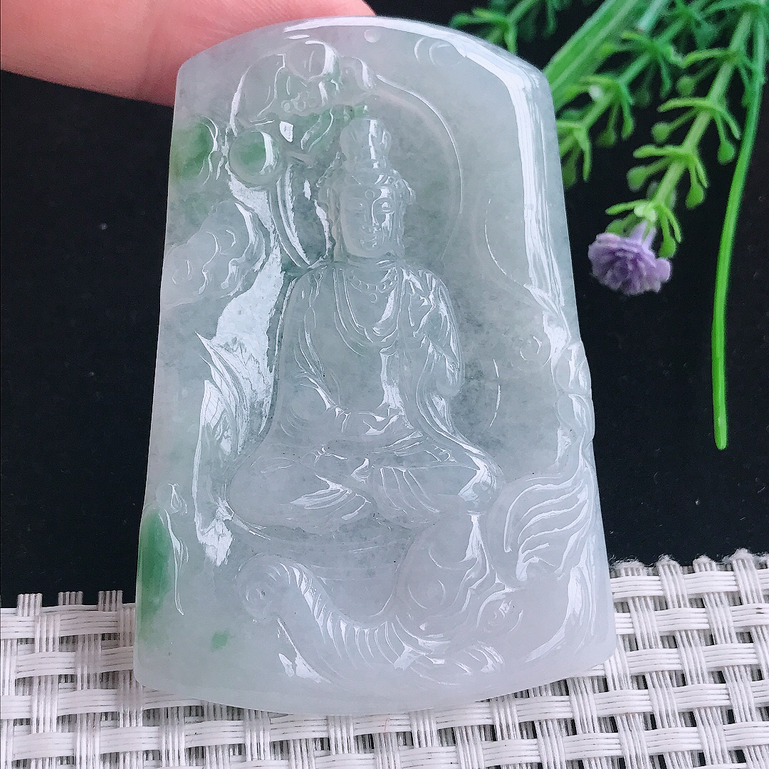 实拍A货翡翠70.8/48.5/5老坑秀气冰润飘花普贤菩萨吊坠翡翠玉挂件