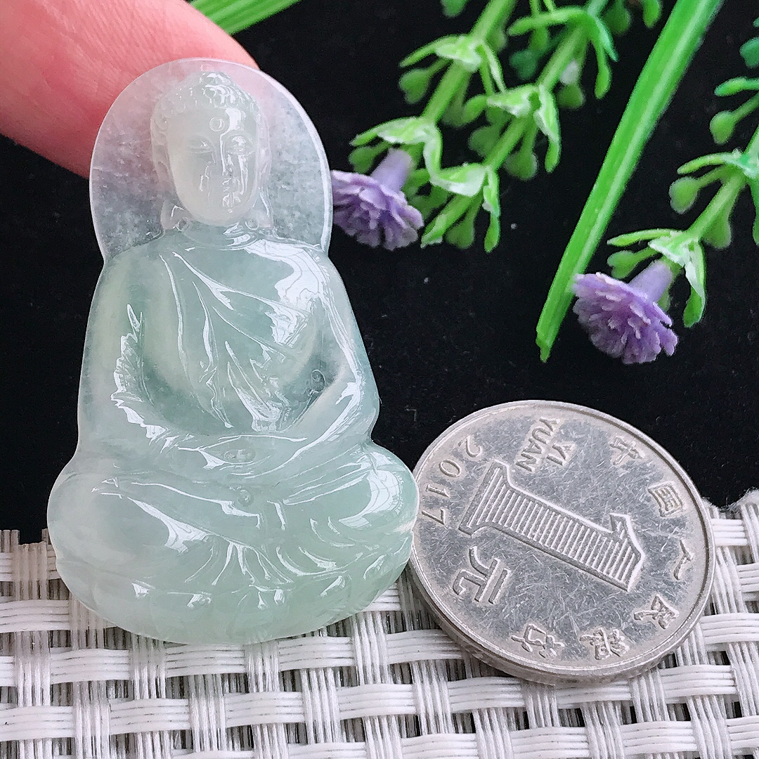 实拍a货翡翠45/28/5.2老坑冰胶冰晴绿大日如来佛吊坠天然翡翠玉坠挂件