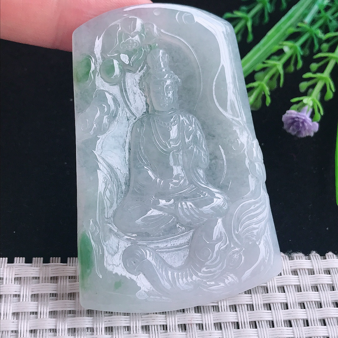 实拍A货翡翠70.8/48.5/5老坑秀气冰润飘花普贤菩萨吊坠翡翠玉挂件