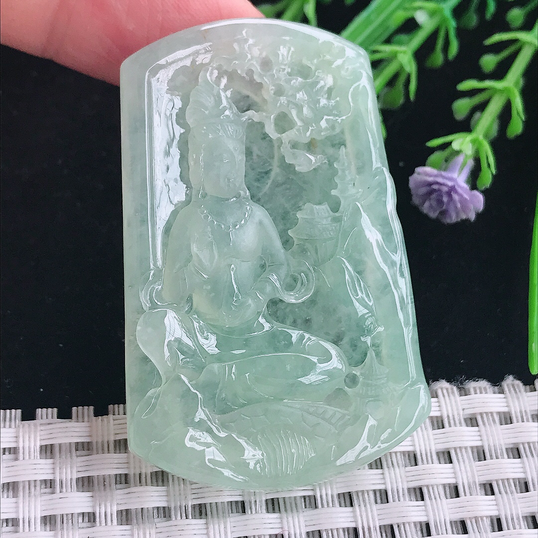 实拍A货翡翠53.5/34.5/5.7老坑冰胶冰晴满绿山水观音吊坠翡翠玉挂件