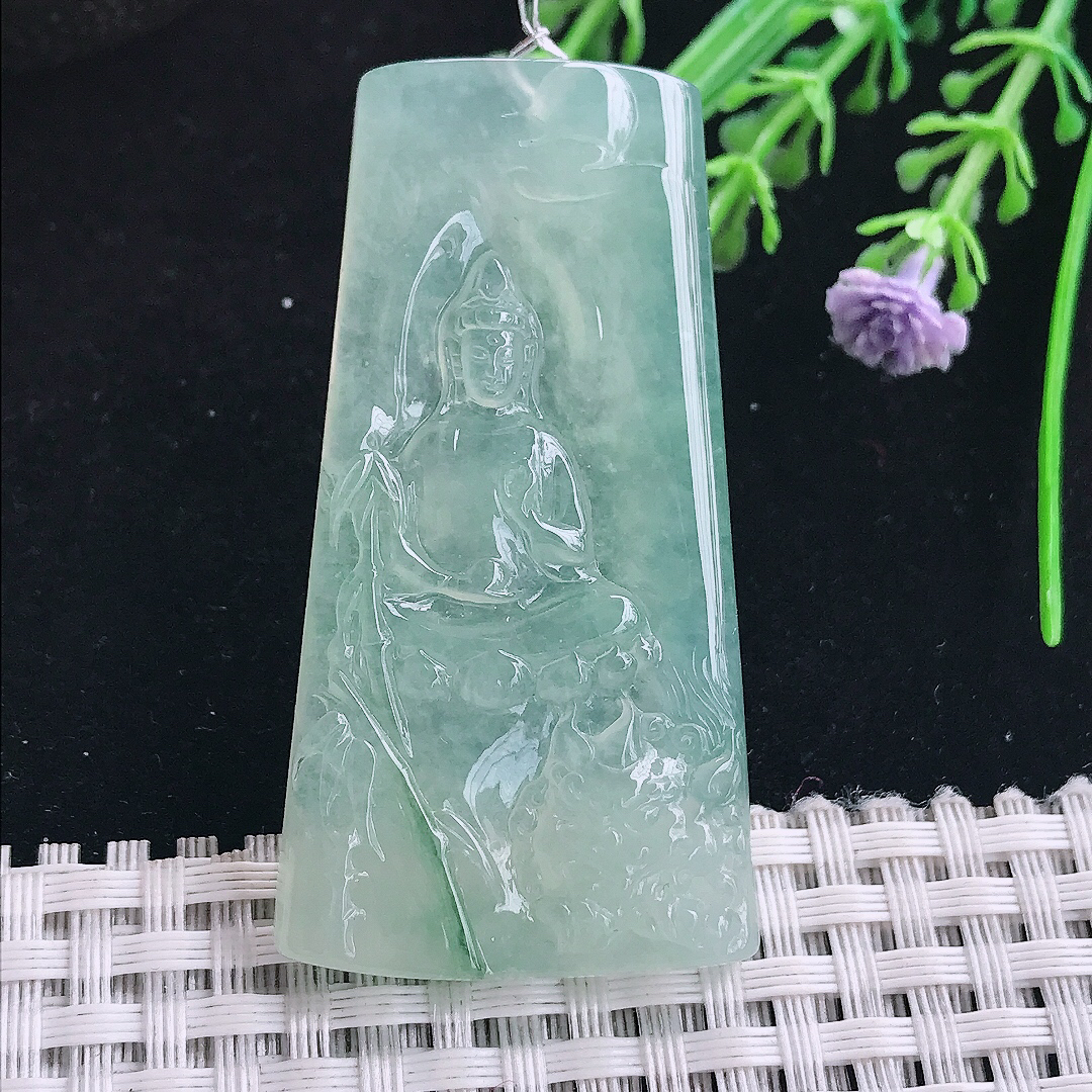 实拍A货翡翠54.3/28.9/5.8老坑冰种果冻胶冰晴绿文殊菩萨吊坠翡翠玉挂件
