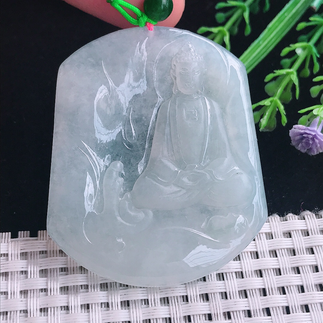 实拍A货翡翠54.8/46.5/5.8老坑冰胶水灵白月光大日如来佛祖吊坠翡翠玉挂件
