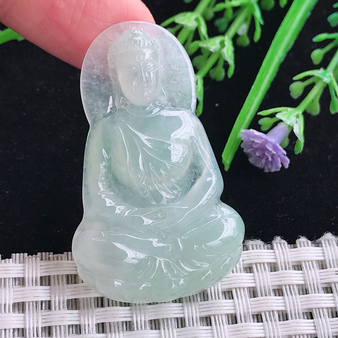 实拍a货翡翠45/28/5.2老坑冰胶冰晴绿大日如来佛吊坠天然翡翠玉坠挂件