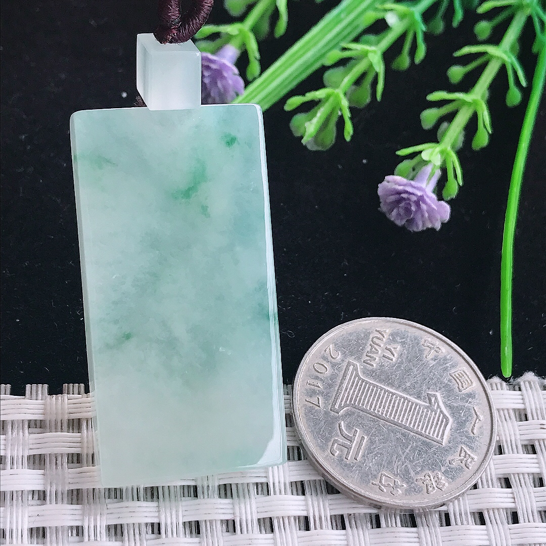 实拍A货翡翠40.3/20.5/5.9老坑冰透起胶冰飘花无事牌吊坠翡翠玉挂件