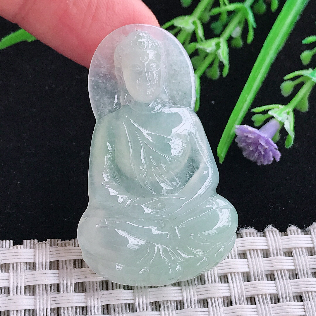 实拍a货翡翠45/28/5.2老坑冰胶冰晴绿大日如来佛吊坠天然翡翠玉坠挂件