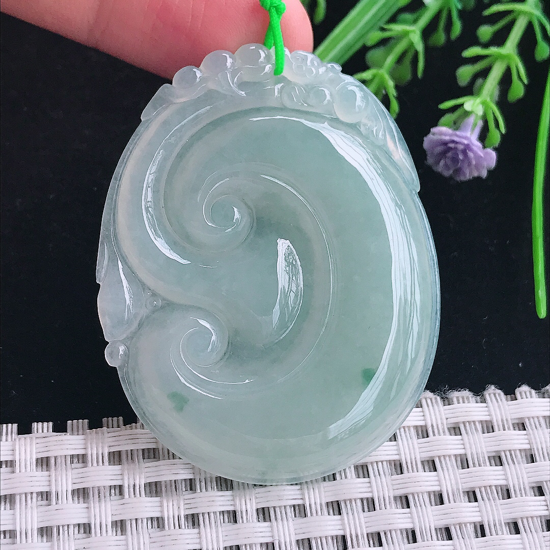 实拍A货翡翠51.8/40.5/5.1老坑冰润起胶冰晴大如意吊坠翡翠玉如意挂件