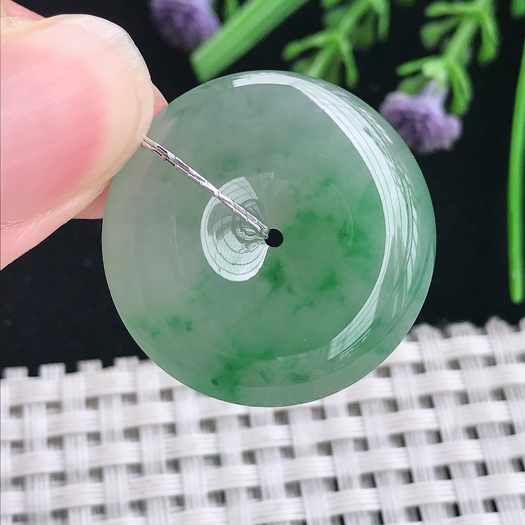 实拍A货翡翠28.2/5.7老坑冰润起胶满绿飘阳绿平安扣吊坠翡翠玉挂件