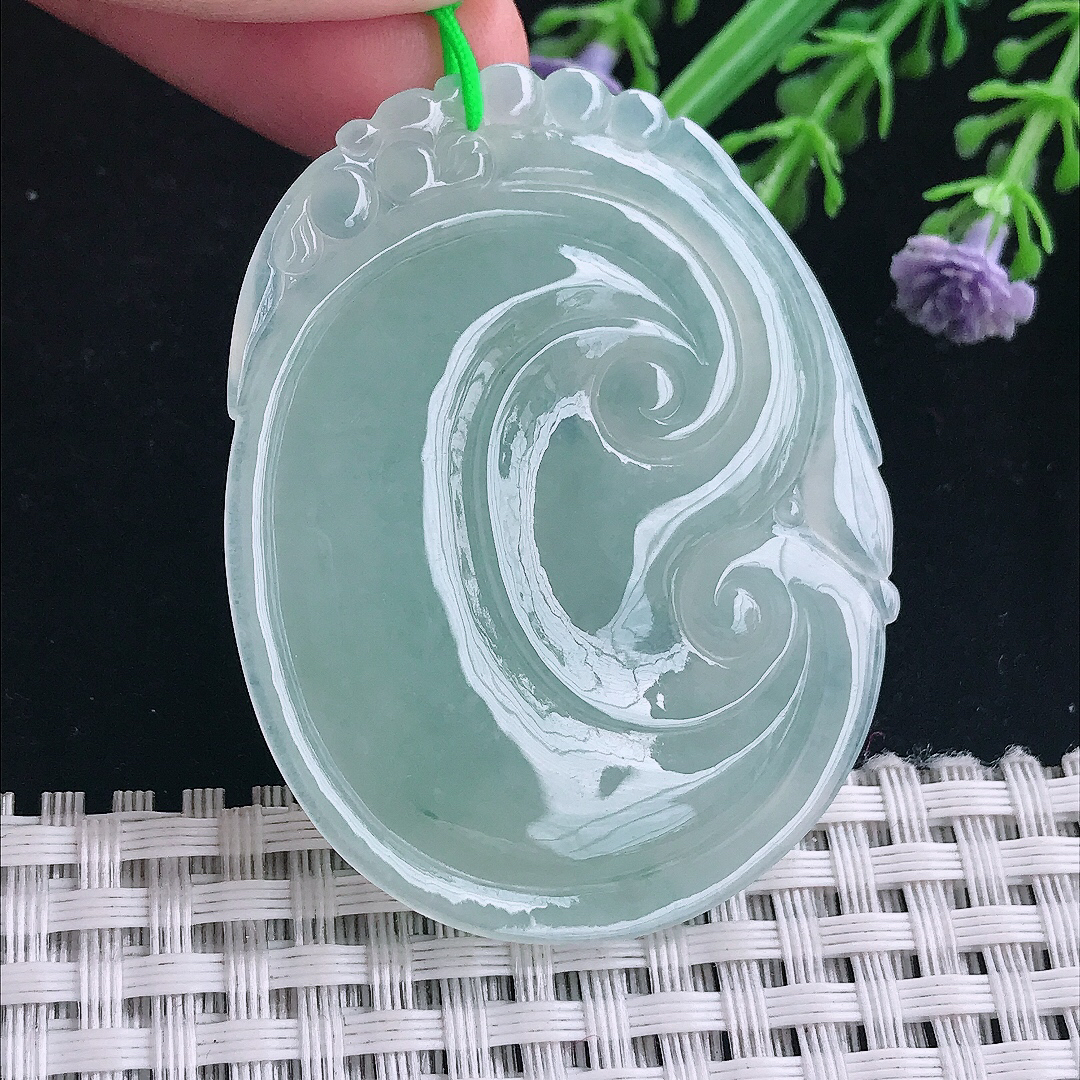 实拍A货翡翠51.8/40.5/5.1老坑冰润起胶冰晴大如意吊坠翡翠玉如意挂件