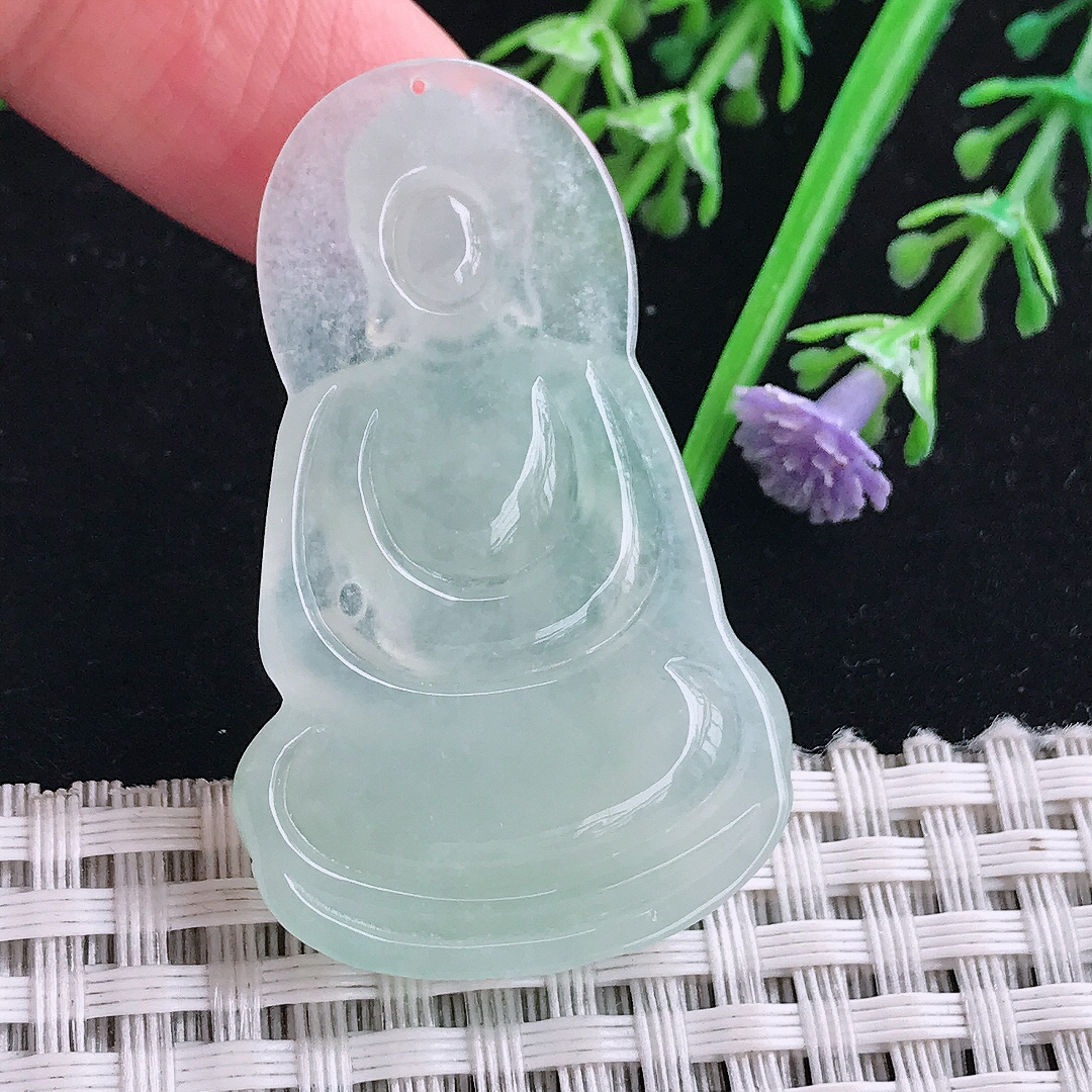 实拍a货翡翠45/28/5.2老坑冰胶冰晴绿大日如来佛吊坠天然翡翠玉坠挂件