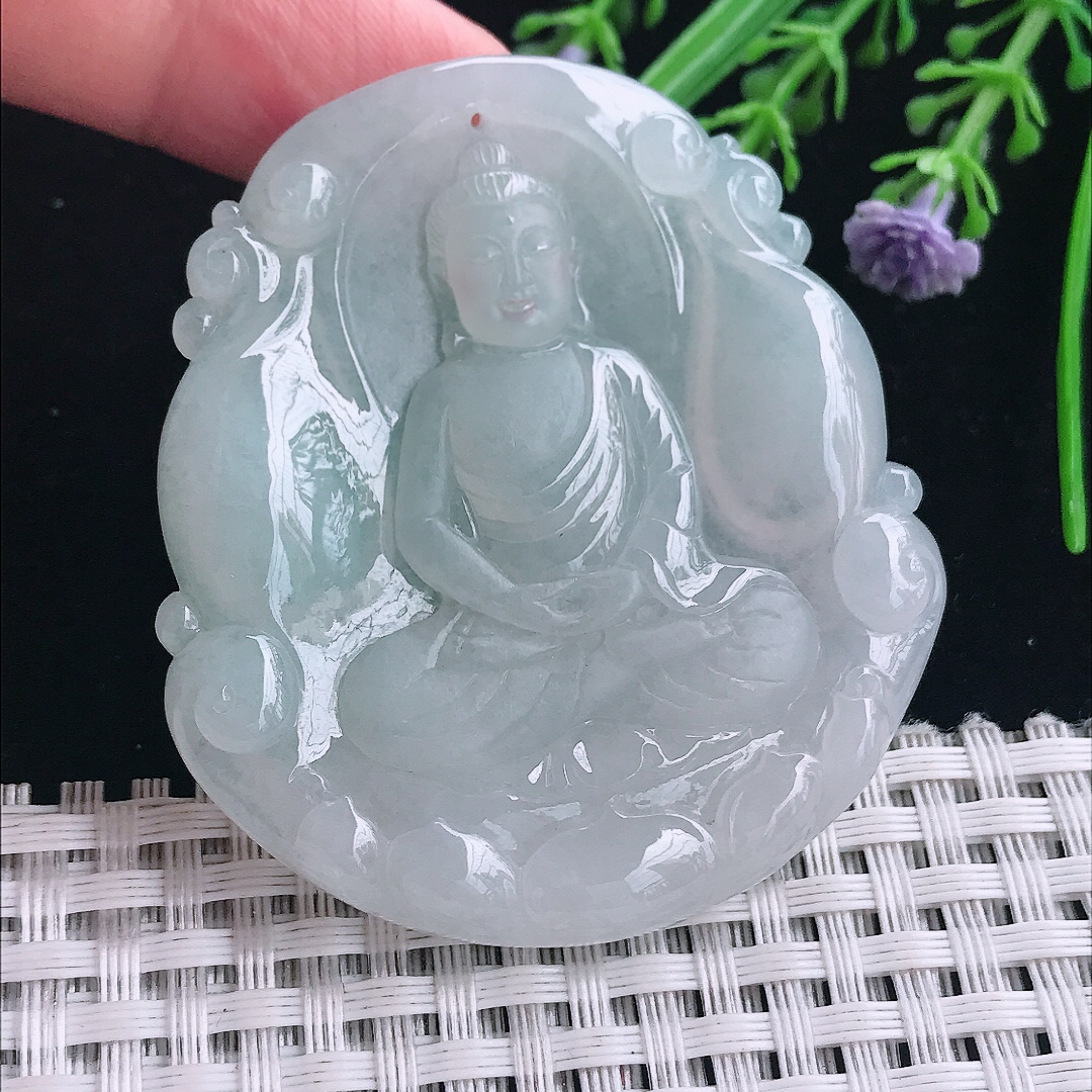 实拍A货翡翠56/51/6老坑冰润起胶大日如来佛祖吊坠翡翠玉挂件