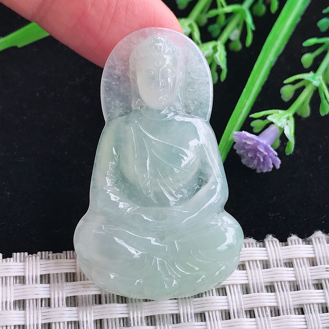 实拍a货翡翠45/28/5.2老坑冰胶冰晴绿大日如来佛吊坠天然翡翠玉坠挂件