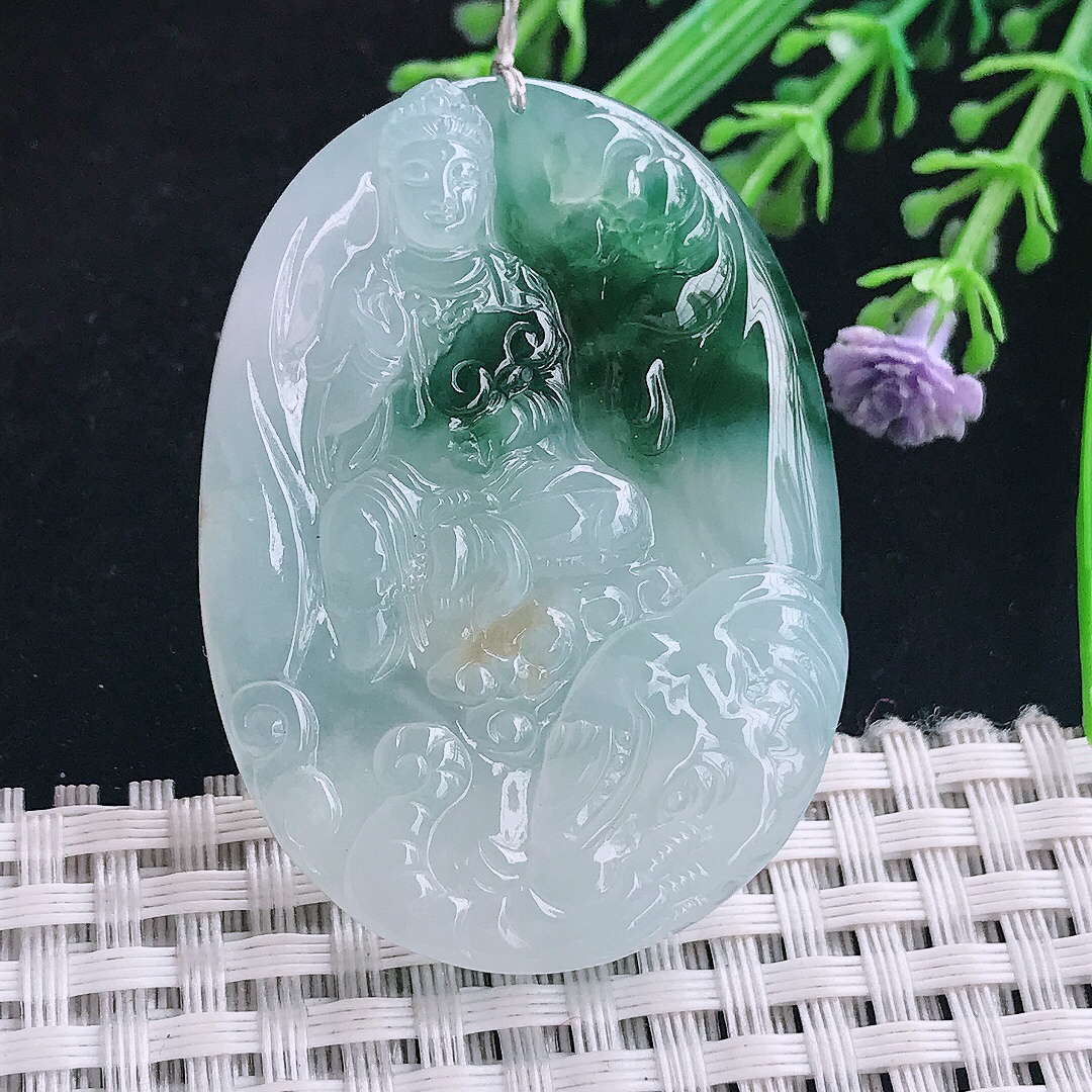 实拍A货翡翠48.5/35.2/5.7老坑冰胶水灵冰飘花普贤菩萨吊坠翡翠玉挂件