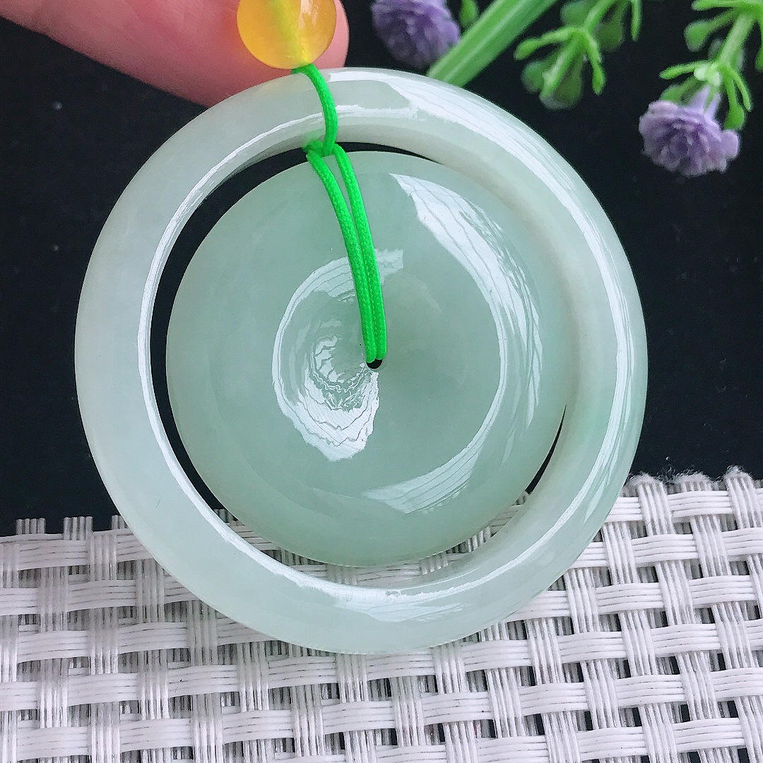 实拍A货翡翠39.6/9老坑冰润起胶冰晴甜绿母子扣平安扣吊坠翡翠玉挂件