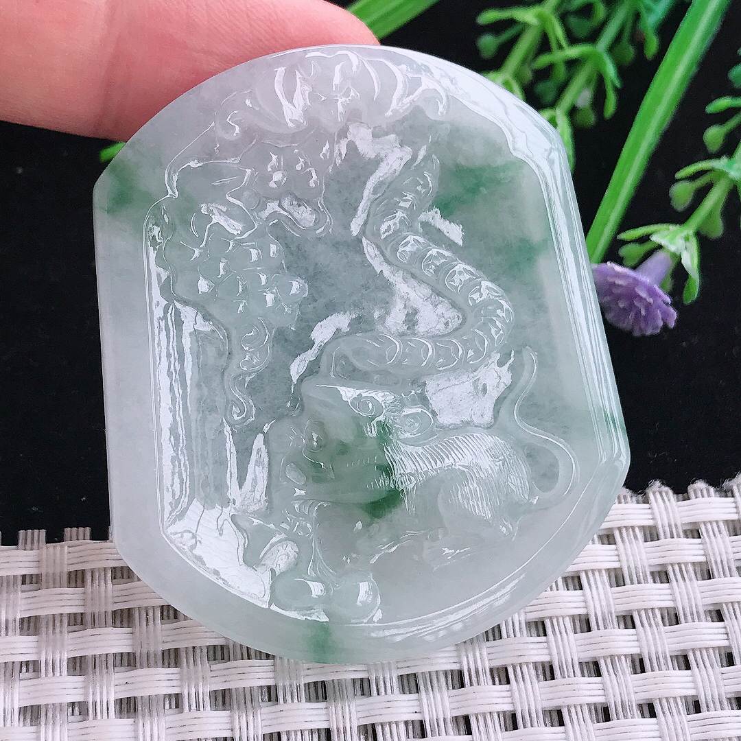 实拍a货翡翠54/47/5.8老坑冰润冰飘花招财鼠吊坠天然翡翠玉坠生肖鼠