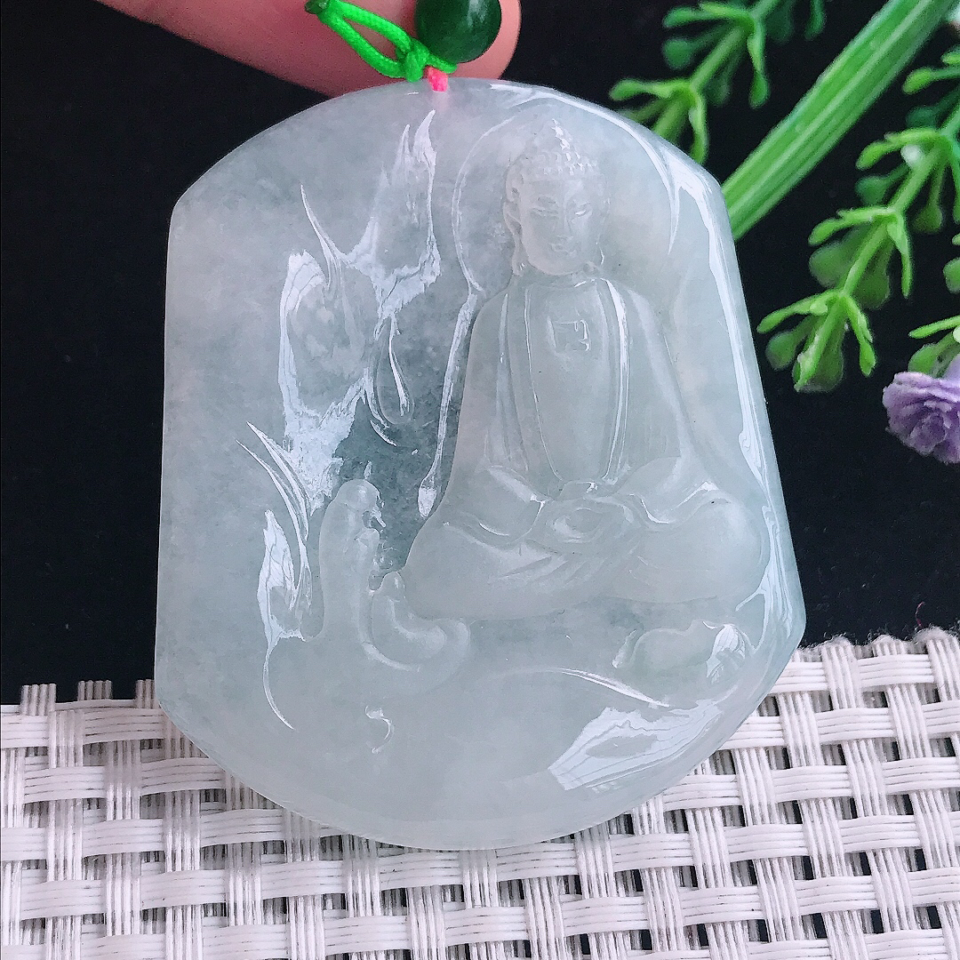 实拍A货翡翠54.8/46.5/5.8老坑冰胶水灵白月光大日如来佛祖吊坠翡翠玉挂件