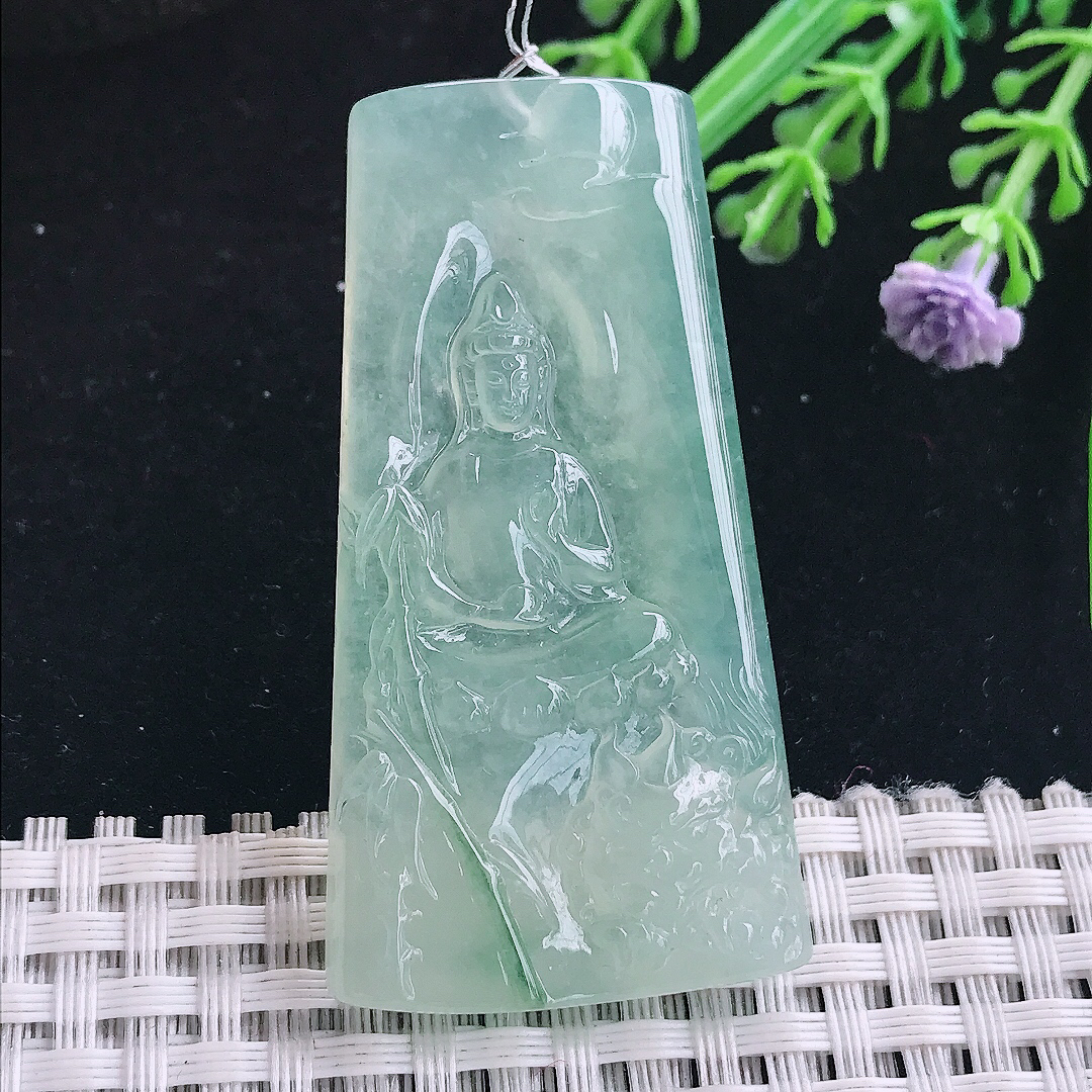 实拍A货翡翠54.3/28.9/5.8老坑冰种果冻胶冰晴绿文殊菩萨吊坠翡翠玉挂件