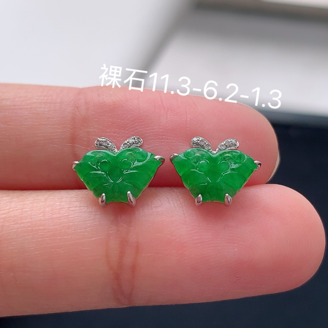 冰阳绿蝴蝶耳钉 翠色明媚，无裂饱满水润，佩戴优雅迷人 货号19509，11.3-6.2-1.3
